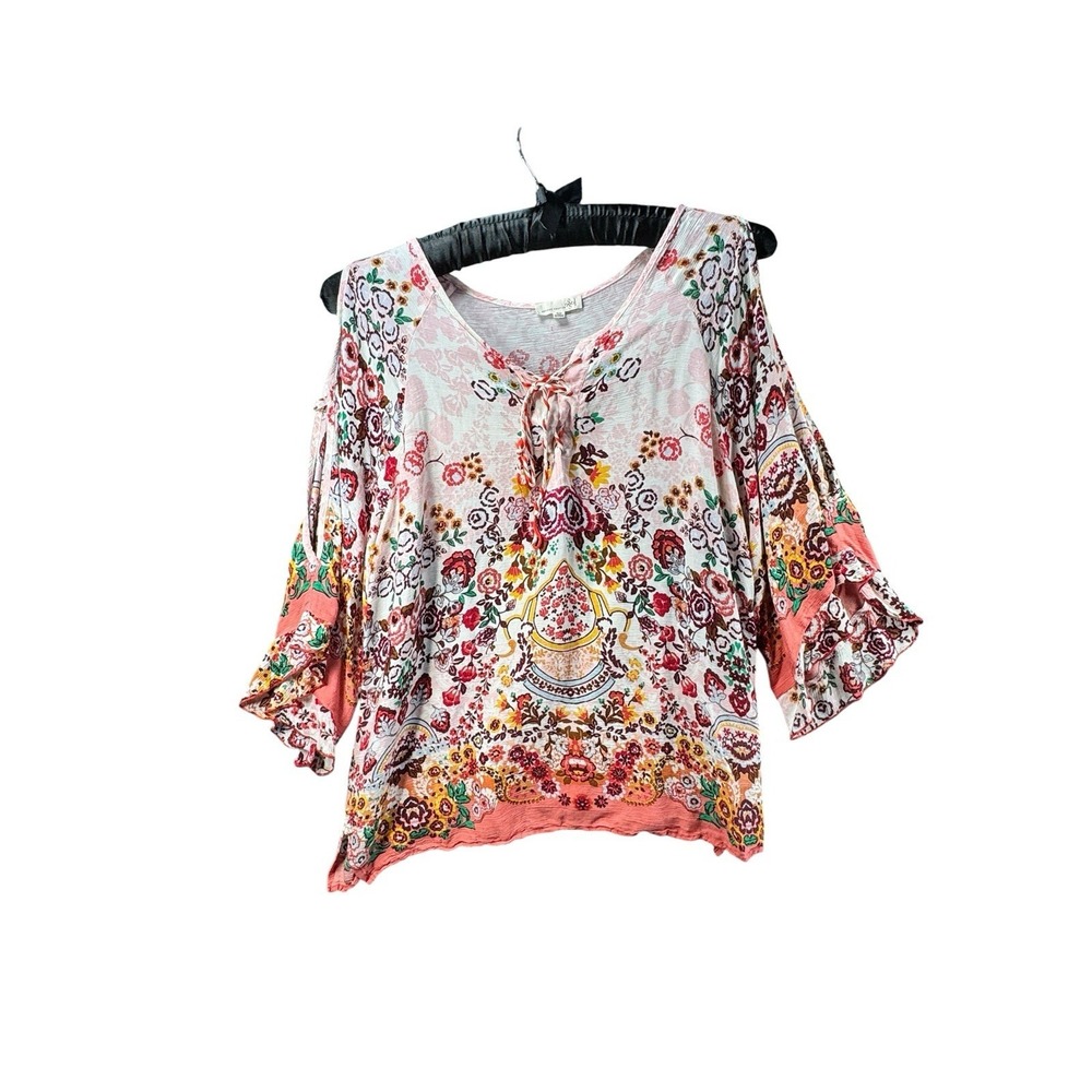 Democracy Womens L Boho Floral Cold Shoulder Lace Up Peasant Top Rayon - Picture 2 of 14